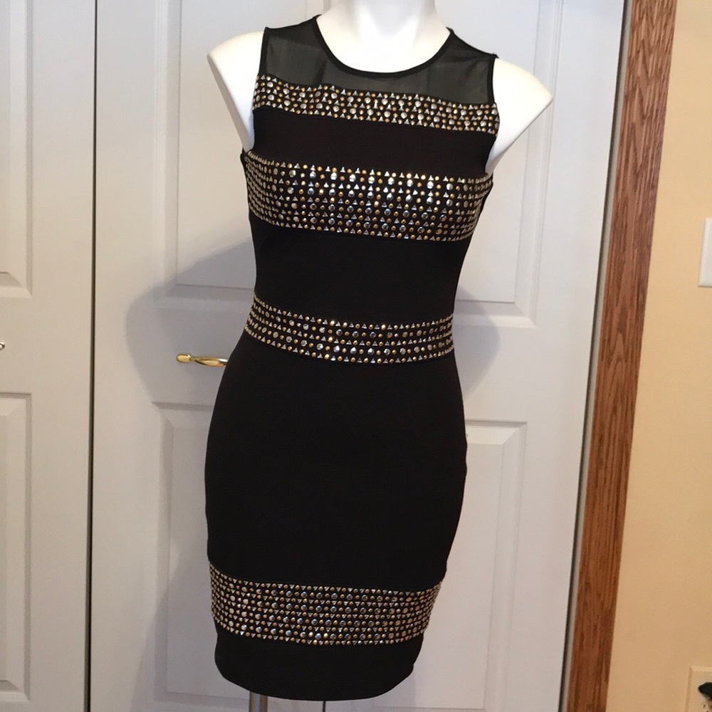 Guess Black Midi Dress with Gold Stud Accents